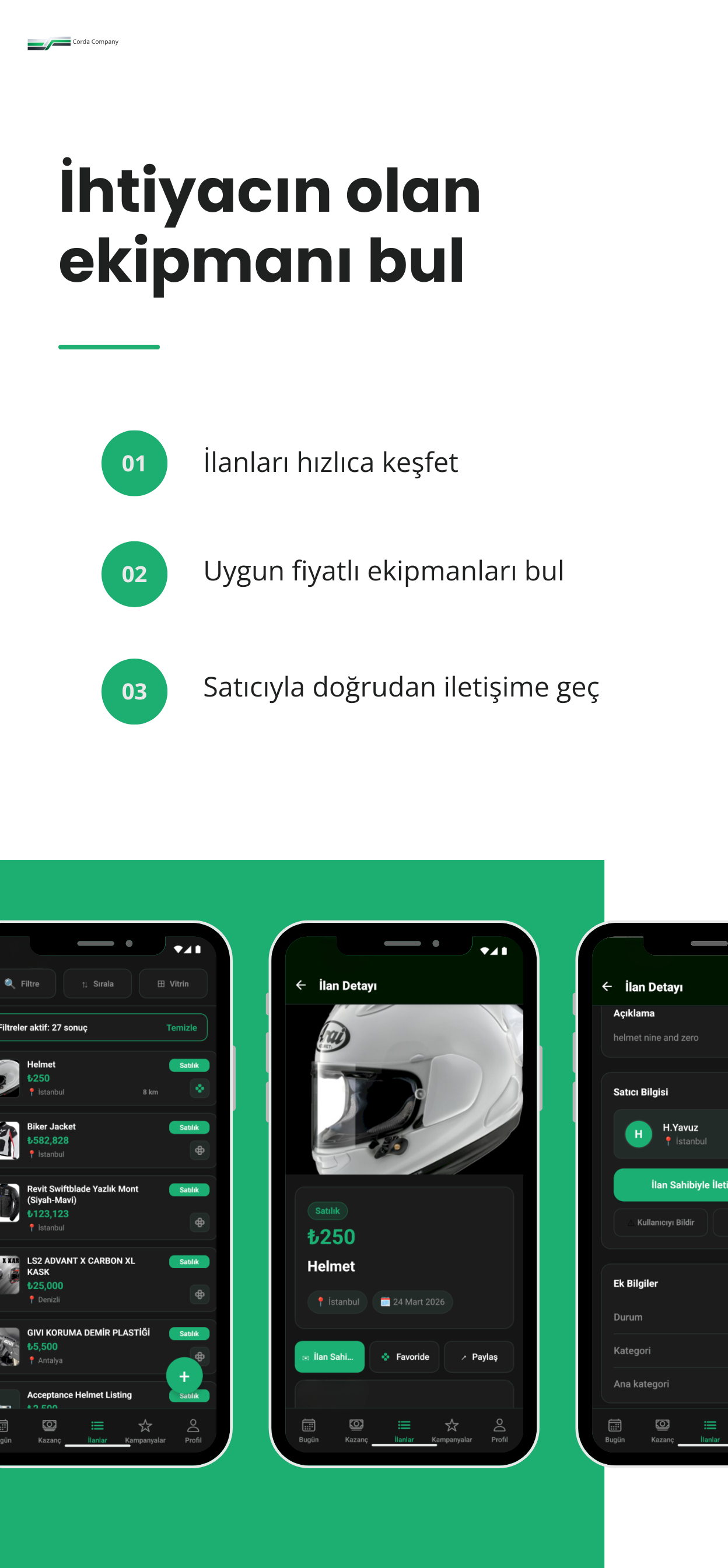 Cordy motosiklet ve ekipman ilan ekranları